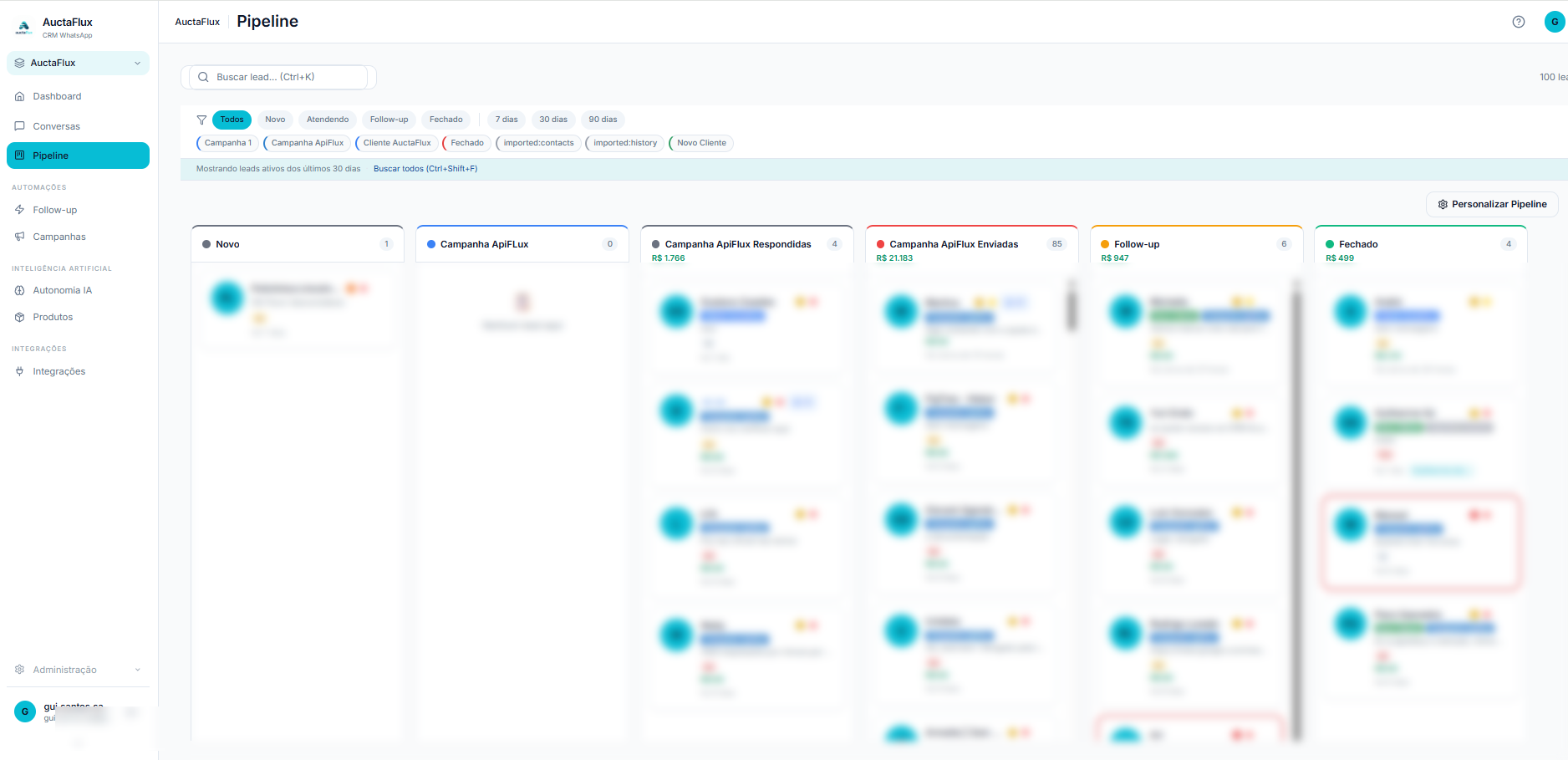 Pipeline de leads (Kanban)